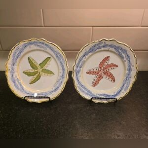 Green and rose starfish plates handpainted in italy set of 2